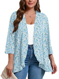Plus Open Front Lightweight Cardigan 3/4 Sleeves Pleated Ruffles Hemline