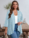 Plus Open Front Lightweight Cardigan 3/4 Sleeves Pleated Ruffles Hemline