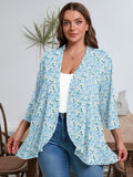 Plus Open Front Lightweight Cardigan 3/4 Sleeves Pleated Ruffles Hemline