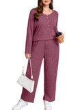 SHOWMALL Women's Plus Size 2 Piece Comfy Outfit Set – Long Sleeve Lounge Set Ribbed Knit Top and Pants, Perfect for Sleepwear or Daily Casual Wear