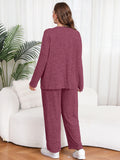 SHOWMALL Women's Plus Size 2 Piece Comfy Outfit Set – Long Sleeve Lounge Set Ribbed Knit Top and Pants, Perfect for Sleepwear or Daily Casual Wear