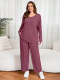SHOWMALL Women's Plus Size 2 Piece Comfy Outfit Set – Long Sleeve Lounge Set Ribbed Knit Top and Pants, Perfect for Sleepwear or Daily Casual Wear