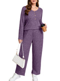 SHOWMALL Women's Plus Size 2 Piece Comfy Outfit Set – Long Sleeve Lounge Set Ribbed Knit Top and Pants, Perfect for Sleepwear or Daily Casual Wear
