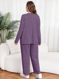 SHOWMALL Women's Plus Size 2 Piece Comfy Outfit Set – Long Sleeve Lounge Set Ribbed Knit Top and Pants, Perfect for Sleepwear or Daily Casual Wear