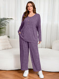 SHOWMALL Women's Plus Size 2 Piece Comfy Outfit Set – Long Sleeve Lounge Set Ribbed Knit Top and Pants, Perfect for Sleepwear or Daily Casual Wear