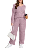 SHOWMALL Women's Plus Size 2 Piece Comfy Outfit Set – Long Sleeve Lounge Set Ribbed Knit Top and Pants, Perfect for Sleepwear or Daily Casual Wear