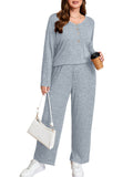SHOWMALL Women's Plus Size 2 Piece Comfy Outfit Set – Long Sleeve Lounge Set Ribbed Knit Top and Pants, Perfect for Sleepwear or Daily Casual Wear