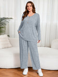SHOWMALL Women's Plus Size 2 Piece Comfy Outfit Set – Long Sleeve Lounge Set Ribbed Knit Top and Pants, Perfect for Sleepwear or Daily Casual Wear