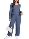 SHOWMALL Women's Plus Size 2 Piece Comfy Outfit Set – Long Sleeve Lounge Set Ribbed Knit Top and Pants, Perfect for Sleepwear or Daily Casual Wear