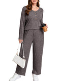 SHOWMALL Women's Plus Size 2 Piece Comfy Outfit Set – Long Sleeve Lounge Set Ribbed Knit Top and Pants, Perfect for Sleepwear or Daily Casual Wear