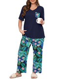SHOWMALL Women's Plus Size Pajama Set 2 Piece Loungewear Set Sleepwear for Spring Summer Fall, Short Sleeve Top and Printed Long Pants with Side Pockets