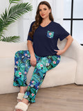 SHOWMALL Women's Plus Size Pajama Set 2 Piece Loungewear Set Sleepwear for Spring Summer Fall, Short Sleeve Top and Printed Long Pants with Side Pockets
