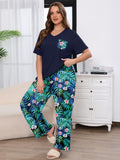 SHOWMALL Women's Plus Size Pajama Set 2 Piece Loungewear Set Sleepwear for Spring Summer Fall, Short Sleeve Top and Printed Long Pants with Side Pockets
