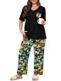 SHOWMALL Women's Plus Size Pajama Set 2 Piece Loungewear Set Sleepwear for Spring Summer Fall, Short Sleeve Top and Printed Long Pants with Side Pockets