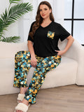 SHOWMALL Women's Plus Size Pajama Set 2 Piece Loungewear Set Sleepwear for Spring Summer Fall, Short Sleeve Top and Printed Long Pants with Side Pockets