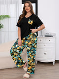 SHOWMALL Women's Plus Size Pajama Set 2 Piece Loungewear Set Sleepwear for Spring Summer Fall, Short Sleeve Top and Printed Long Pants with Side Pockets
