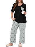 SHOWMALL Women's Plus Size Pajama Set 2 Piece Loungewear Set Sleepwear for Spring Summer Fall, Short Sleeve Top and Printed Long Pants with Side Pockets