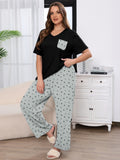 SHOWMALL Women's Plus Size Pajama Set 2 Piece Loungewear Set Sleepwear for Spring Summer Fall, Short Sleeve Top and Printed Long Pants with Side Pockets