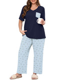 SHOWMALL Women's Plus Size Pajama Set 2 Piece Loungewear Set Sleepwear for Spring Summer Fall, Short Sleeve Top and Printed Long Pants with Side Pockets