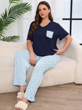 SHOWMALL Women's Plus Size Pajama Set 2 Piece Loungewear Set Sleepwear for Spring Summer Fall, Short Sleeve Top and Printed Long Pants with Side Pockets
