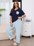 SHOWMALL Women's Plus Size Pajama Set 2 Piece Loungewear Set Sleepwear for Spring Summer Fall, Short Sleeve Top and Printed Long Pants with Side Pockets