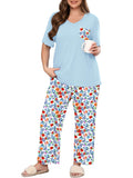 SHOWMALL Women's Plus Size Pajama Set 2 Piece Loungewear Set Sleepwear for Spring Summer Fall, Short Sleeve Top and Printed Long Pants with Side Pockets