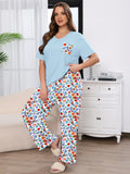 SHOWMALL Women's Plus Size Pajama Set 2 Piece Loungewear Set Sleepwear for Spring Summer Fall, Short Sleeve Top and Printed Long Pants with Side Pockets