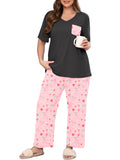 SHOWMALL Women's Plus Size Pajama Set 2 Piece Loungewear Set Sleepwear for Spring Summer Fall, Short Sleeve Top and Printed Long Pants with Side Pockets
