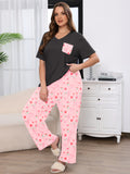 SHOWMALL Women's Plus Size Pajama Set 2 Piece Loungewear Set Sleepwear for Spring Summer Fall, Short Sleeve Top and Printed Long Pants with Side Pockets