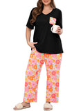 SHOWMALL Women's Plus Size Pajama Set 2 Piece Loungewear Set Sleepwear for Spring Summer Fall, Short Sleeve Top and Printed Long Pants with Side Pockets