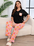 SHOWMALL Women's Plus Size Pajama Set 2 Piece Loungewear Set Sleepwear for Spring Summer Fall, Short Sleeve Top and Printed Long Pants with Side Pockets