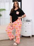 SHOWMALL Women's Plus Size Pajama Set 2 Piece Loungewear Set Sleepwear for Spring Summer Fall, Short Sleeve Top and Printed Long Pants with Side Pockets