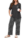 SHOWMALL Women's Plus Size Pajama Set 2 Piece Loungewear Set Sleepwear for Spring Summer Fall, Short Sleeve Top and Printed Long Pants with Side Pockets