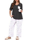 SHOWMALL Women's Plus Size Pajama Set 2 Piece Loungewear Set Sleepwear for Spring Summer Fall, Short Sleeve Top and Printed Long Pants with Side Pockets
