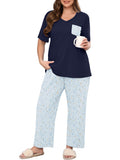 SHOWMALL Women's Plus Size Pajama Set 2 Piece Loungewear Set Sleepwear for Spring Summer Fall, Short Sleeve Top and Printed Long Pants with Side Pockets