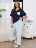 SHOWMALL Women's Plus Size Pajama Set 2 Piece Loungewear Set Sleepwear for Spring Summer Fall, Short Sleeve Top and Printed Long Pants with Side Pockets