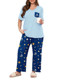 SHOWMALL Women's Plus Size Pajama Set 2 Piece Loungewear Set Sleepwear for Spring Summer Fall, Short Sleeve Top and Printed Long Pants with Side Pockets