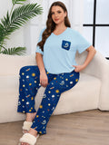 SHOWMALL Women's Plus Size Pajama Set 2 Piece Loungewear Set Sleepwear for Spring Summer Fall, Short Sleeve Top and Printed Long Pants with Side Pockets