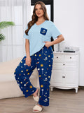 SHOWMALL Women's Plus Size Pajama Set 2 Piece Loungewear Set Sleepwear for Spring Summer Fall, Short Sleeve Top and Printed Long Pants with Side Pockets