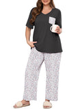 SHOWMALL Women's Plus Size Pajama Set 2 Piece Loungewear Set Sleepwear for Spring Summer Fall, Short Sleeve Top and Printed Long Pants with Side Pockets