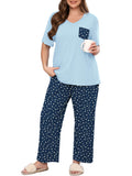SHOWMALL Women's Plus Size Pajama Set 2 Piece Loungewear Set Sleepwear for Spring Summer Fall, Short Sleeve Top and Printed Long Pants with Side Pockets