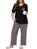 SHOWMALL Women's Plus Size Pajama Set 2 Piece Loungewear Set Sleepwear for Spring Summer Fall, Short Sleeve Top and Printed Long Pants with Side Pockets
