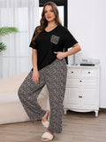 SHOWMALL Women's Plus Size Pajama Set 2 Piece Loungewear Set Sleepwear for Spring Summer Fall, Short Sleeve Top and Printed Long Pants with Side Pockets