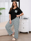 SHOWMALL Women's Plus Size Pajama Set 2 Piece Loungewear Set Sleepwear for Spring Summer Fall, Short Sleeve Top and Printed Long Pants with Side Pockets