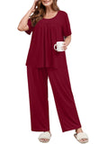 SHOWMALL Women's Plus Size Printed 2 Piece Outfit Set, Soft Bloom Scoop Neck Short Sleeve Top and Pocket Pants, Floral Print Lounge & Sleepwear