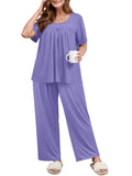 SHOWMALL Women's Plus Size Printed 2 Piece Outfit Set, Soft Bloom Scoop Neck Short Sleeve Top and Pocket Pants, Floral Print Lounge & Sleepwear