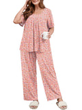 SHOWMALL Women's Plus Size Printed 2 Piece Outfit Set, Soft Bloom Scoop Neck Short Sleeve Top and Pocket Pants, Floral Print Lounge & Sleepwear