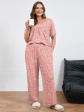 SHOWMALL Women's Plus Size Printed 2 Piece Outfit Set, Soft Bloom Scoop Neck Short Sleeve Top and Pocket Pants, Floral Print Lounge & Sleepwear