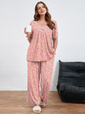 SHOWMALL Women's Plus Size Printed 2 Piece Outfit Set, Soft Bloom Scoop Neck Short Sleeve Top and Pocket Pants, Floral Print Lounge & Sleepwear