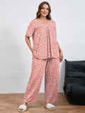 SHOWMALL Women's Plus Size Printed 2 Piece Outfit Set, Soft Bloom Scoop Neck Short Sleeve Top and Pocket Pants, Floral Print Lounge & Sleepwear